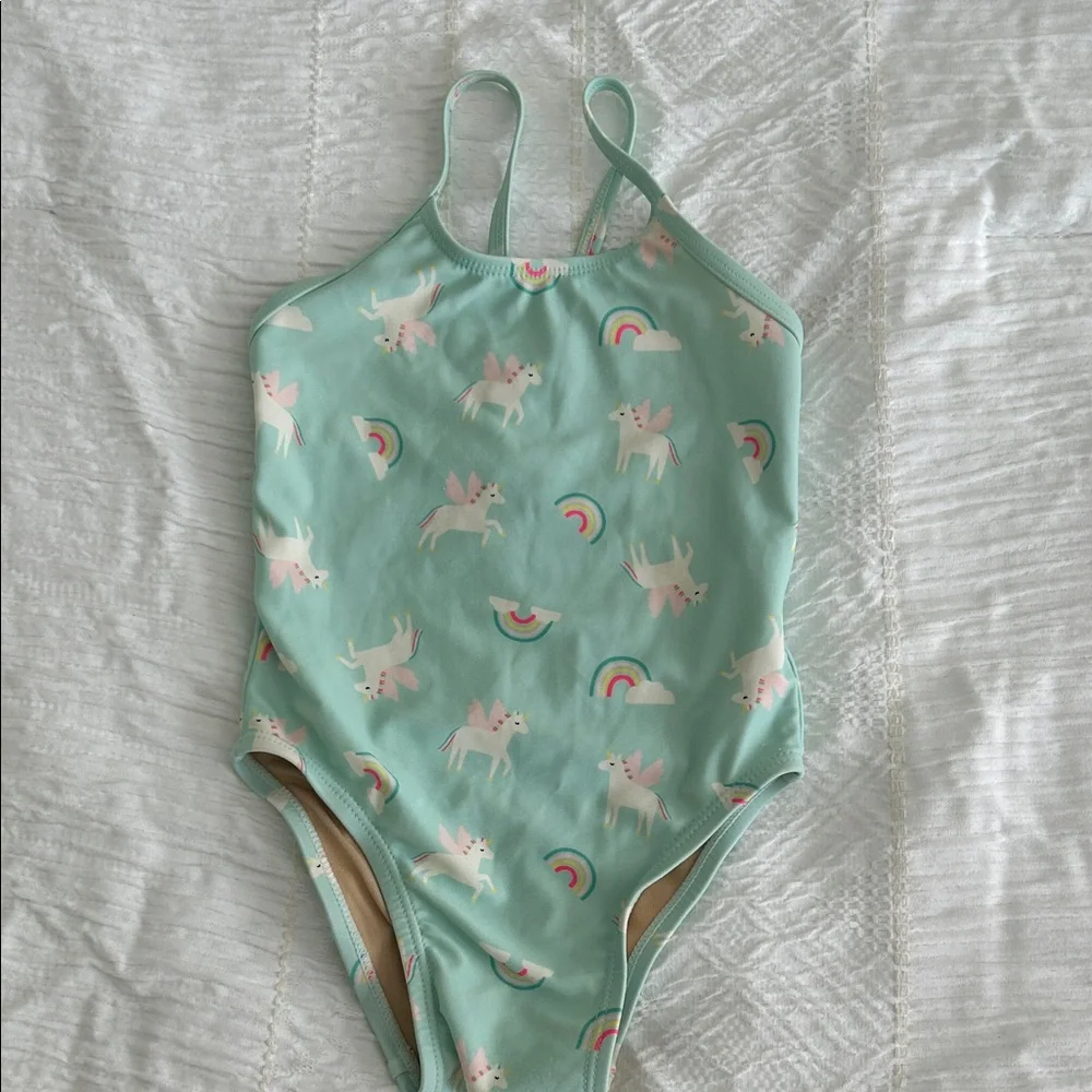 Old Navy Kids Mint Green One-Piece Swimsuit with Unicorn & Rainbow Print